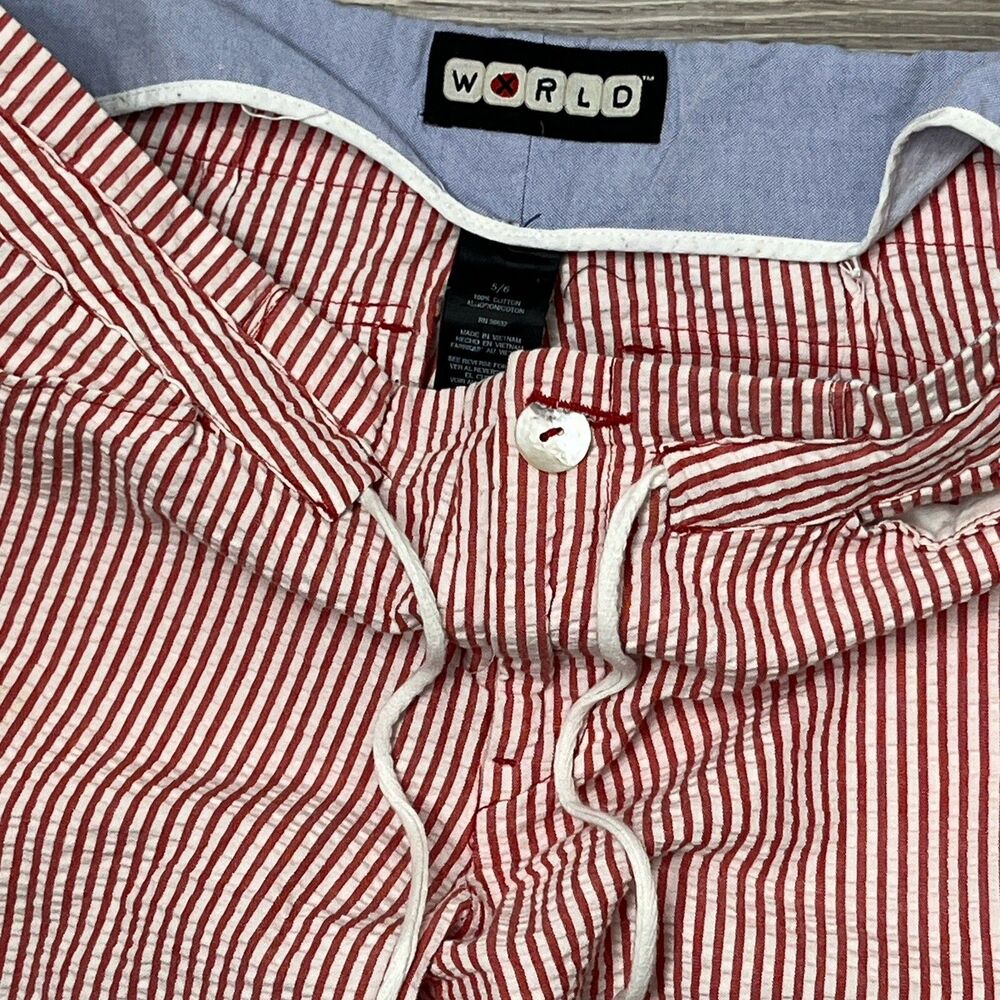 WORLD Designer Flare Pants 6 Seersucker Red White Stripe Flap Pocket 100% Cotton - Picture 4 of 4